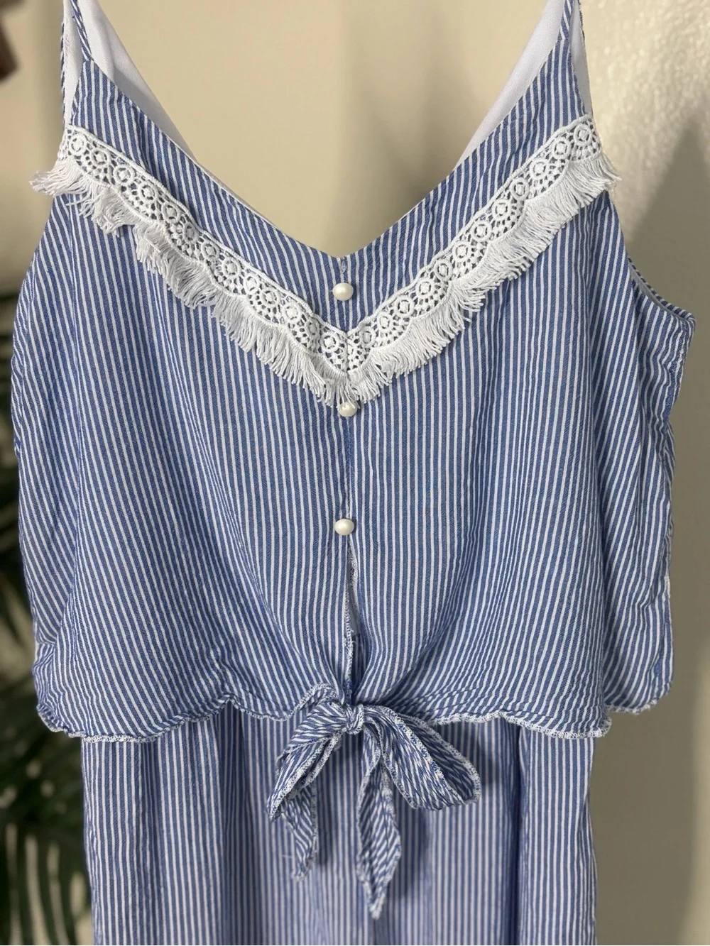 Blue White Striped Lace Trim Tie Front Romper Size Large